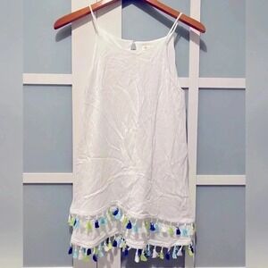 Hailey Lyn Sleeveless Layered Halter Tank Coverup White Colorful Tassels S EUC